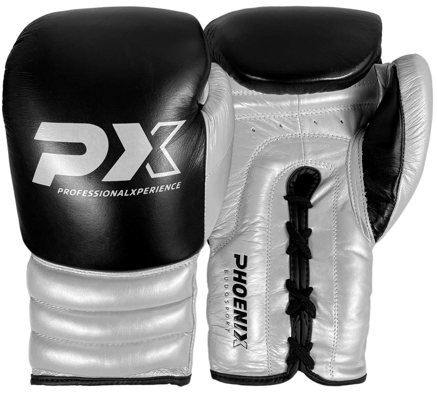 PX Wettkampf Boxhandschuhe Leder schwarz-silber | Kickboxen |  Einkaufswelten | K1-Kampfsportartikel