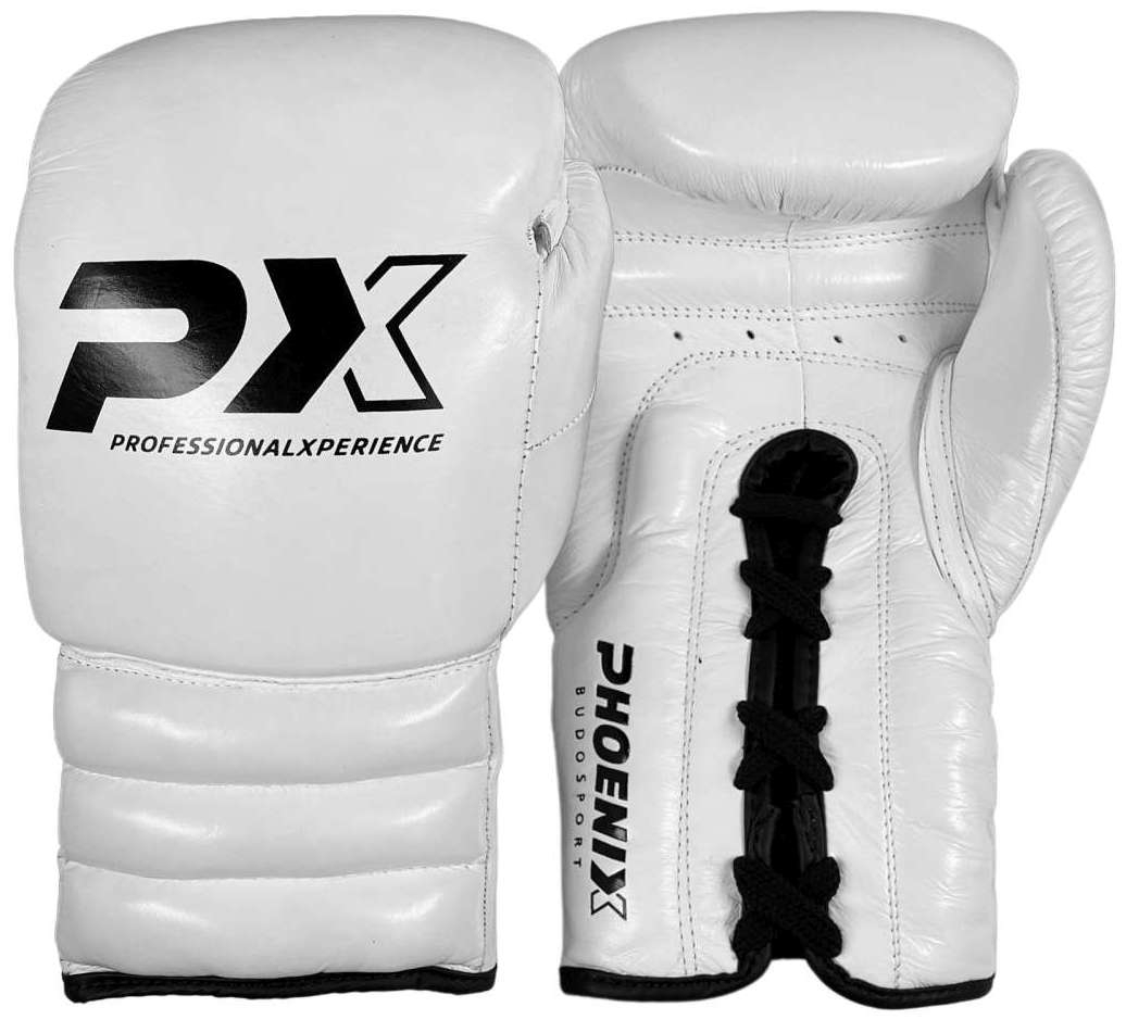 PX PX Profi Boxhandschuh in schönem weißem PX Design gefertigt aus  hochwertigem echten Rindleder Optimal für intensiven Einstatz im  Vollkontakt. angenähter Daumen, boxen, mma, kickboxen, muay thai, boxing,  wettkampf | K1-Kampfsportartikel